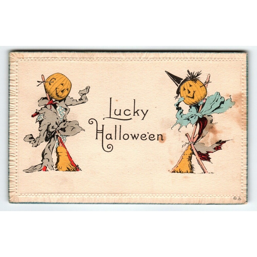 Halloween Postcard Lucky Scarecrows Witch Vintage Embossed Edges Nash Series 8 A